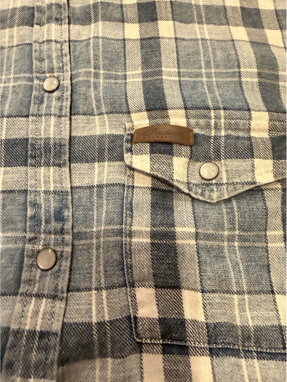Indian Motorcycle Flannel Shirt Mens Large Pearl Snap Lightweight Blue Plaid - Picture 3 of 11